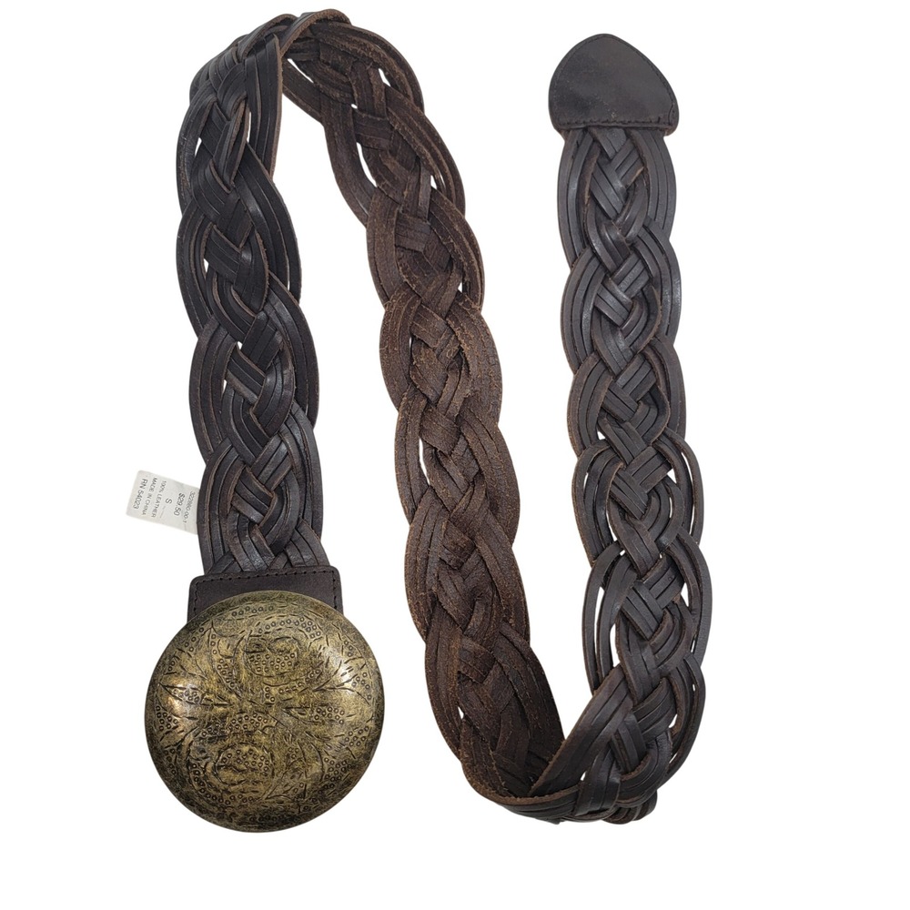 Vintage OLD‎ NAVY Braided Leather Belt Dark Brown Brass Medallion Plate Buckle S
